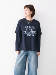 Womens Pure Cotton round Neck Letter Print T-Shirt Design Sensation Fake Two-Piece Comfortable Skin-Friendly Casual Top