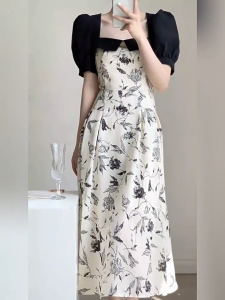 plus size casual dress summer dress for woman long black dress flora dress korean vintage slit dress