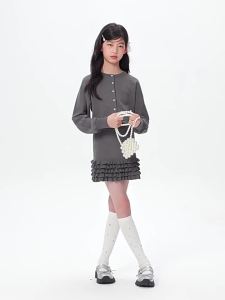 LOVESASAKIDS | Girls Wooden Ears and Batwing Sleeve Knit Cardigan Flared Waist Layered Skirt