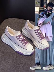 Hong Kong Breathable Genuine Leather Canvas Shoes Womens Spring Autumn Sports Casual Thick Bottom Heightening White Sneakers