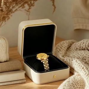 Luxury PU Leather Rounded Corner Jewelry Box Metal Buckle Watch Box with Gold Trim Suitable for Watch Protection Accessories