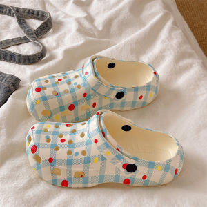 Heeled Platform Enclosed Non-slip Fashion Dot and Check Print Slipper
