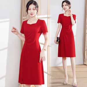 Elegant Red Wedding Dress Young Looking Suitable for Daily Wear Summer Season A-Line Skirt Short Sleeve Korean Style Dress