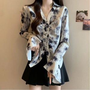 Womens Polo Neck Gradient Dyed Shirt Spring Large Size Slimming Waist Cinched Versatile Korean Style Long Sleeve Commute Wear