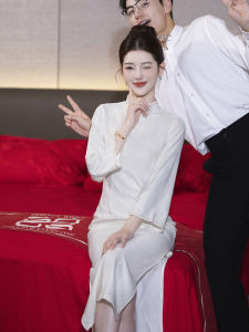 Romantic Lace Cheongsam Dress Elegant Tea Costume Vintage Style Chinese Fashion for Wedding Low Slit Mid-Length Skirt