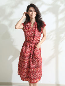 Miccbeirn | Silk Cotton Floral Print Midi Dress V-neck Slimming A-line Skirt Ethnic Vintage Style Summer Fashion Casual Chic Dress