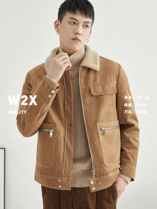 W2x Winter Lamb Wool Outwear Mens Fleece-lined Thickened Suede Parka Jacket Casual All-Matching Mens Clothing Tops Tide