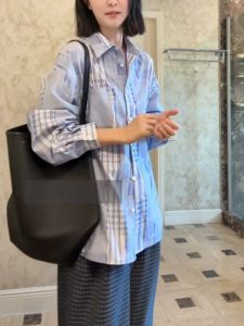 BINKAFENNY | Blue Plaid Striped Shirt Jacket Womens Autumn New Design Sensation Long Sleeve Top Casual Loose Fit POLO Collar Button Closure