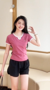 Áo phông nữ KSMLOOK cổ U viền trắng áo thun nữ tập thể thao phù hợp tập gym yoga chạy bộ cầu lông pickleball AN522