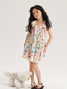 PRINCESS KESLI ชุดเดรสเจ้าหญิง เด็กวัยหัดเดินสาวเด็กแขนกุดชุดสีชมพูดอกไม้พิมพ์ผ้ากอซชุดสไตล์เกาหลี