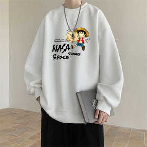 100% Pure Cotton Thickened Autumn Winter Hoodie round Neck Pullover Sweatshirt for Teens with Cartoon Print Casual Loose Fit