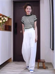 Blue Striped Ice Silk Knitted Short Sleeve T-Shirt Womens Summer New Style Preppy Thin Head over Shirt round Neck Asymmetrical