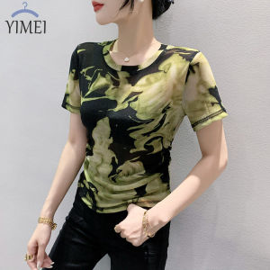 Yimei Đẹp Quảng Châu Phụ Nữ Của T-Shirt 2023 Mùa Hè dáng ôm mới Mỏng Lưới Áo phông tay ngắn Micro Quan điểm áo in Cho Phụ Nữ