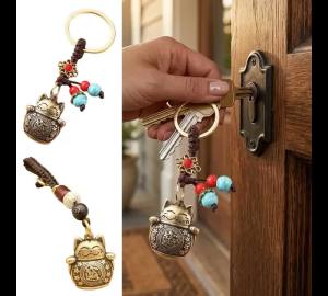 Vintage Pure Handmade Lucky Cat Car Keychain Lucky Cat Five Emperors Money Keychain Feng Shui Coins Lucky Key Ring