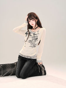 เสื้อยืดลายทางแขนยาวผู้หญิงฤดูใบไม้ผลิและฤดูร้อน เสื้อเชิ้ตผ้าตาข่ายกระชับสัดส่วน เสื้อผ้าทำงานสไตล์เกาหลี แขนยาว คอกลม