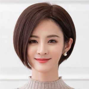 Womens Short Wigs Realistic Human Hair Fluffy Face-Slimming Bob Haircuts Center/Asymmetrical Parting Round Face Straight Full Wig - Natural Bounce Invisible Edges Easy Style