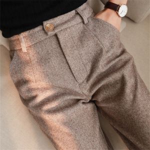 Herringbone Harem Pants Womens Woolen Pencil Pants Autumn and Winter High Waist Office Lady Casual Suit Pants Dress Trousers