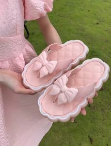 เครื่องสำอางรองเท้าแตะแฟชั่น ขอบหยัก ตกแต่งโบว์ แนวเจ้าหญิงน่ารักสวยมาก
