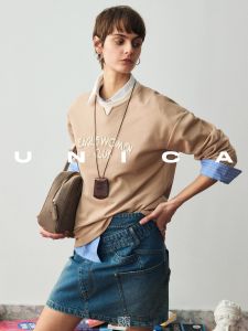 UNICA Womens Club Capsule Series Letter Embroidery Bubble Sensation Base T-shirt Patchwork round Neck Sweatshirt Spring 2025