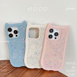 กาวคริสตัลรูปดาวสีสันสดใสรูปหูแมวเคสโทรศัพท์สีทึบสำหรับ iPhone 11 12 13 14 15 16ซีรีส์
