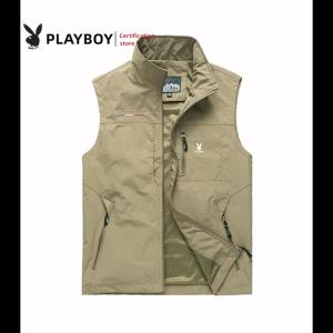 PLAYBOY Mens Vest Tank Top Spring and Autumn New Leisure Outdoor Sports Vest Standing Collar Fashion Fishing Photography