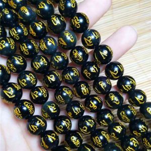 Natural Black Obsidian Loose Beads Half Finished Products Gilded DIY Accessories for Bracelets Necklaces Top Stones