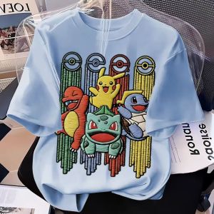Bandai | New Imitation Embroidery Pokémon Cartoon Print Crew Neck Loose Casual Short‑Sleeve Top for Boys and Girls Summer Style