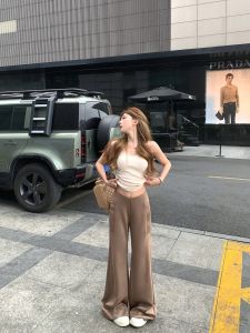 Khaki Color Business Casual Pants Womens Autumn Winter Drape High Waist Wide Leg Loose Fit Floor Length Pants