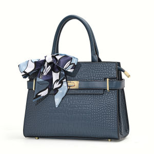 Aidrani | Aidrani High-End Navy Crocodile-Embossed Top Handle Bag Lock Design Commute Crossbody Bag for Women