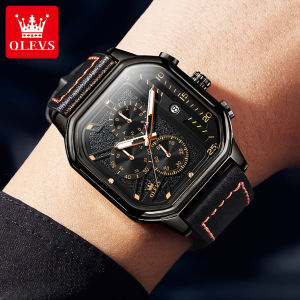 OLEVS import terbaru 2024 Jam tangan pria original tali kulit tampilan multifungsi tahan air kalender fashion cronograph