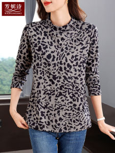 New Womens Half High Collar Base Shirt Spring Autumn Flocking T-Shirt Fashionable Warm Inner Wear Leopard Print Long Sleeve Top
