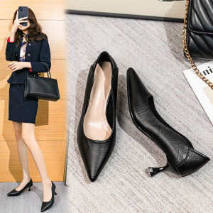 Comfortable Soft Bottom High Heels for Women Air Stewardess Black Professional Workwear mid Heel Slim Work Shoes Single Shoe