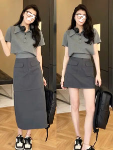 plus Size Polo Neck Waist Cinched Slimming Top with Detachable Long And Short Workwear Skirt Set Women Summer Fashion Set
