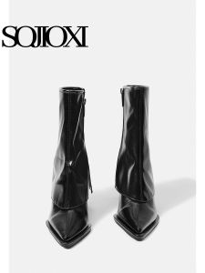 รองเท้าบู๊ตส้นสูงสีดำ SOJIOXI ทรงหัวแหลม ทรงเข้ารูป สำหรับผู้หญิง ฤดูใบไม้ร่วง/ฤดูหนาว รองเท้าบู๊ตส้นสูงแบบใหม่ 2025