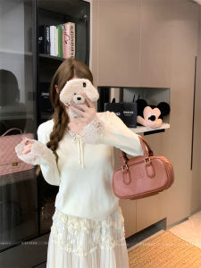 GUZILIAN | Elegant Lace Splice V-neck Knitwear Women Winter Butterfly Knot Belt Slim Fit Inner Wear Top New Style Korean Commute Style