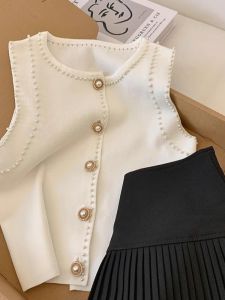 French Style Heavy Knit Pearl Vest Womens Summer 2025 Elegant Fashionable Top Breathable Lightweight Single-Breasted Design