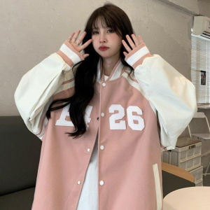 Orfilas ชุดเบสบอลเกาหลี ใหม่ผู้หญิงหลวมแจ็คเก็ตแจ็คเก็ตฤดูใบไม้ร่วงขนาดใหญ่แจ็คเก็ต แจ็คเก็ตสีชมพู ชุดนักเรียนเบสบอล เสื้อแจ็คเก็ตผู้หญิง PreSale