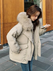 Thickened Fleece Womens Parka Coat with Fur Collar Cotton Jacket Winter Warm Zipper Closure Long Sleeve Hooded Solid Color