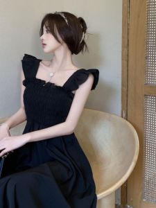 Summer 2026 French Elegant Puff Sleeve Pleated Waist Cinching Hepburn Style Square Collar Tea Break Midi Dress A-Line Skirt