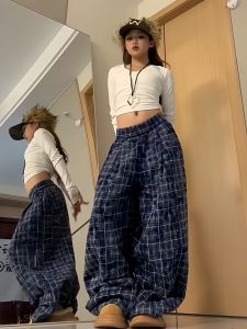 Quần Ống Rộng Kẻ Sọc Màu Xanh Lam Cho Nữ Mùa Thu Mới Rộng Rãi Quần Dài Thể Thao Thường Ngày Cảm Giác Cao Cấp