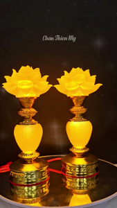 Đèn Thờ Bình Sen Vàng Lưu Ly Cao Cấp CHÂN THIỆN MỸ Đèn Để Trang Trí Bàn Thờ Đồ Thờ Cúng