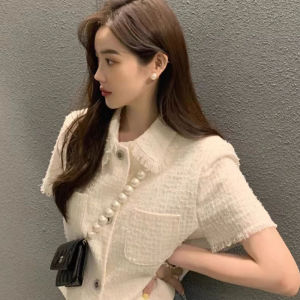 Chic French Style Retro Sweet Lapel Short Tweed Outwear Women Temperament Wild Short Sleeve Single Breasted Tops Women