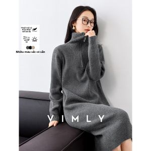 Vimly | Đầm Len Cổ Tròn Thời Trang Dài Tay Oatmeal