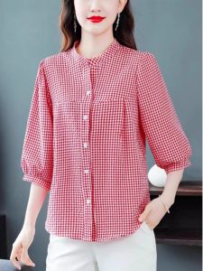 HUAXUNRAN | Casual Slimming Womens Short Sleeve Plaid Shirt