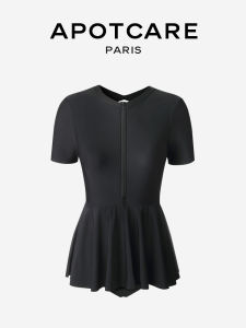 Apotcare Conservatve Folded Skirt One Piece Swimsuit for Women Short Sleeve No Strap Backless Design Slimming Effect