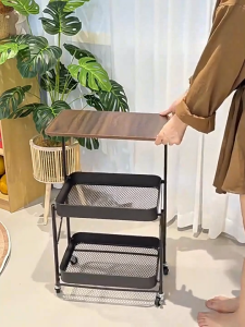 GAA Mobile Bedside Trolley Storage Rack with Wheels Rolling Cart Wooden Top Snack Organizer Shelf