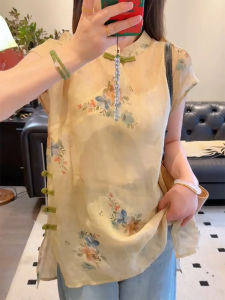QINGNAER | Chinese Style Zen Light Yellow Summer Plus Size Womens Shirt
