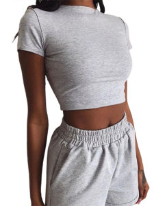 High Waist Short Sleeve Casual Shorts Set Womens Fashion Summer Outfit Two-Piece Polyester round Neck Pullover Ensemble