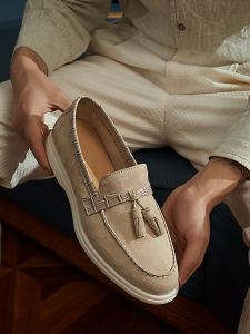 รองเท้าส้นแบนแบบสวมสำหรับผู้ชาย ทรงหัวมน พื้นยาง รองเท้าลำลอง สวมใส่สบาย สไตล์ฝรั่งเศส หนังแท้ ส้นแบน ฤดูร้อน 2024