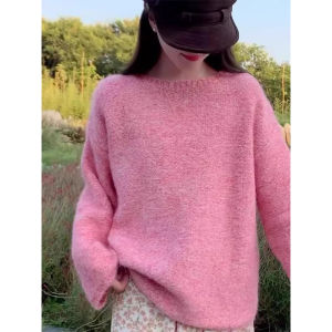 เสื้อสเวตเตอร์ถักคอวีสีม่วงหลวมๆ สไตล์เกาหลีสำหรับผู้หญิงในฤดูใบไม้ร่วงและฤดูหนาว เสื้อสเวตเตอร์ถักแบบสวมหัวที่สวมใส่สบาย